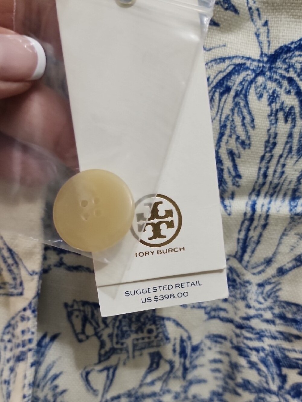 Tory Burch Cream and Blue Toile Sleeveless Button Front Dress - Picture 4 of 11